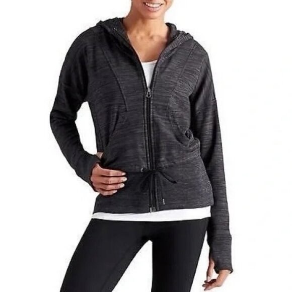 Athleta Tiger Terry Zip-Up Hoodie Heathered Gray Cinch Waist Sweatshirt Women XS - Picture 3 of 13